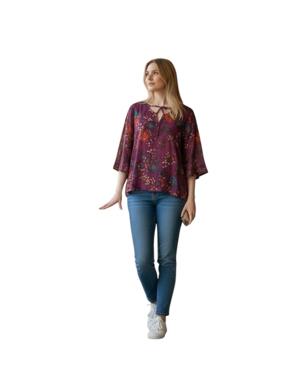Eyeshadow Floral Tie-Neck Peasant Blouse in Burgundy
